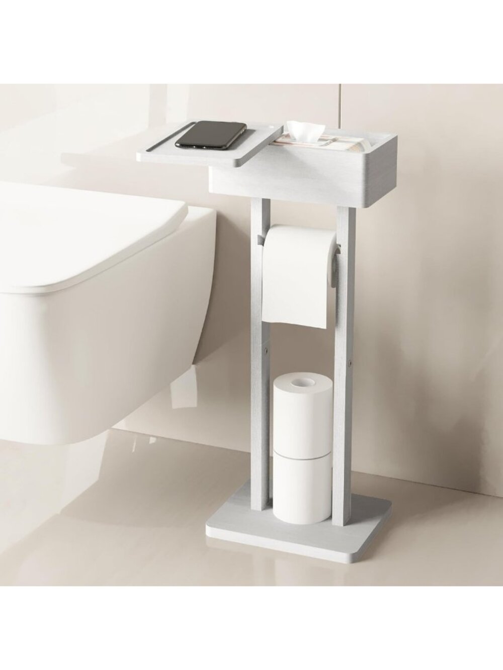 Stylish 4-in-1 White Toilet Paper Holder Stand & Storage Shelf Organizer
